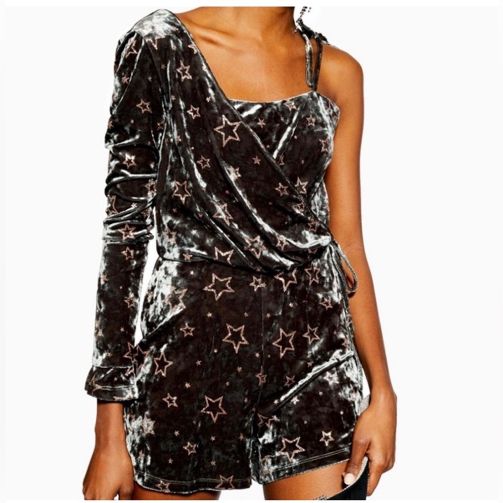 Topshop Velvet Olive Star Romper Size 8 One Shoulder Party Holiday Night Out